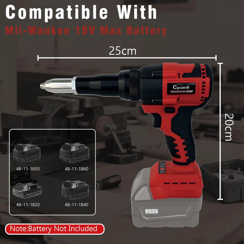 Upgraded Brushless Cordless Rivet Gun Tool Compatible With Milwaukee 18v Battery Includes Three Sizes Aluminum Rivets And Bright LED Light For Daily Workhorse Tasks No Battery Included Red, showing dimensions and battery compatibility.
