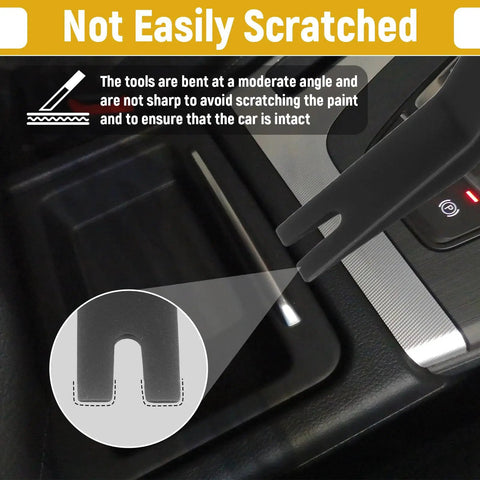 5-Piece Auto Trim Removal Tool Set No Scratch Plastic Pry Tools showing safe use on car interior panel.