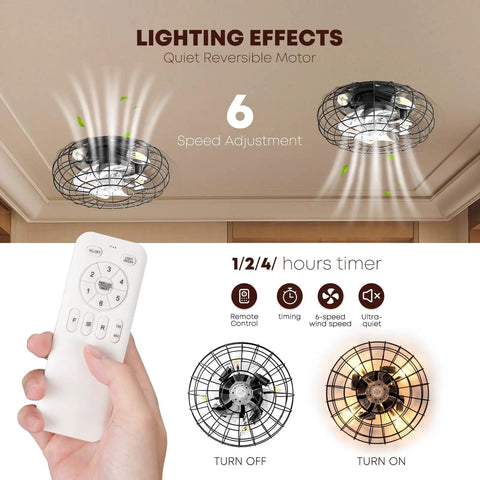 16 Inch Bladeless Caged Ceiling Fan With Lights Remote Control 8 Speeds Industrial Flush Mount Farmhouse Style Gold Finish Cage Design For Space Saving Bedroom Or Kitchen Quiet Energy Efficient Lighting with remote control shown