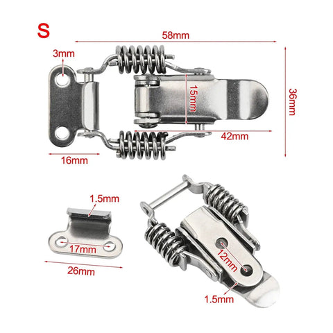 Premium 10 Pcs Stainless Steel Spring Loaded Toggle Latches Heavy Duty Draw Clamps with measurements for secure toolbox use.