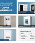 Comparison of concealed cabinets and recessed wall niche medicine cabinets with storage solutions in various colors.