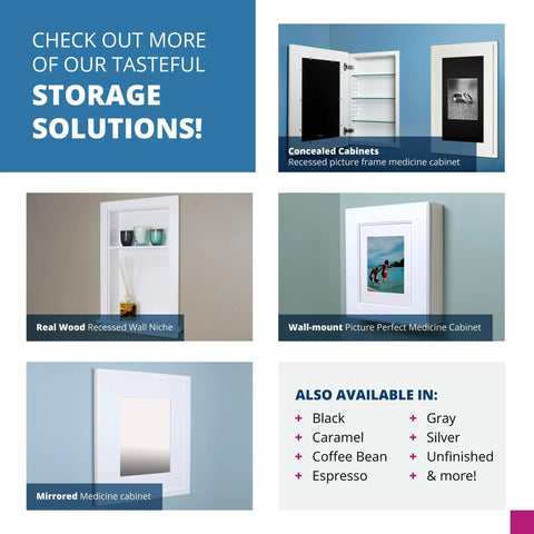 Comparison of concealed cabinets and recessed wall niche medicine cabinets with storage solutions in various colors.