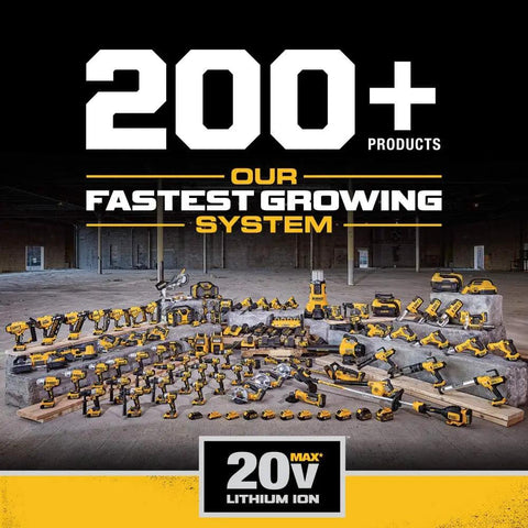 Image of a variety of yellow 20V Max lithium ion cordless power tools arranged in a large display in a warehouse setting.