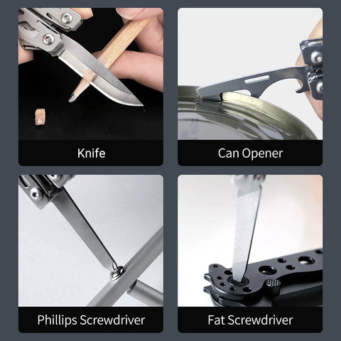 EDC Keychain Multitool 10 In 1 Mini Pocket Knife With Needlenose Pliers And Scissors Everyday Carry Gadget showing tools in action