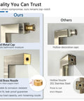 Comparison of shower door handles showing solid metal cap and brass nozzle for Back-To-Back Replacement Handles, 6 Inch Square Shower Door Pulls.