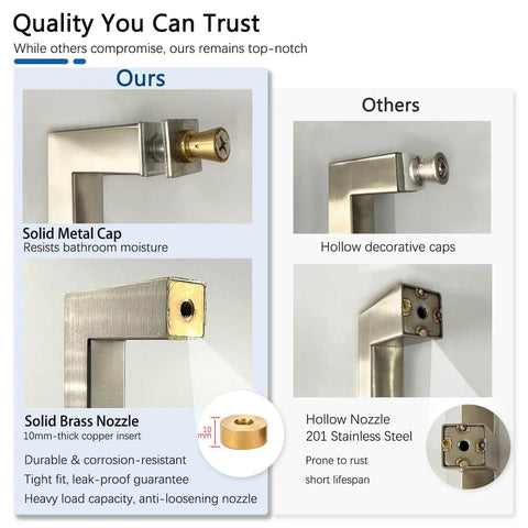Comparison of shower door handles showing solid metal cap and brass nozzle for Back-To-Back Replacement Handles, 6 Inch Square Shower Door Pulls.