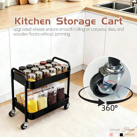 Two Tier Rolling Cart With Wheels For Under Desk Storage And Small Space Organization, Large Capacity Kitchen Pantry Laundry Room Makeup Organizer, Sturdy Utility Cart With Four Hooks, Black