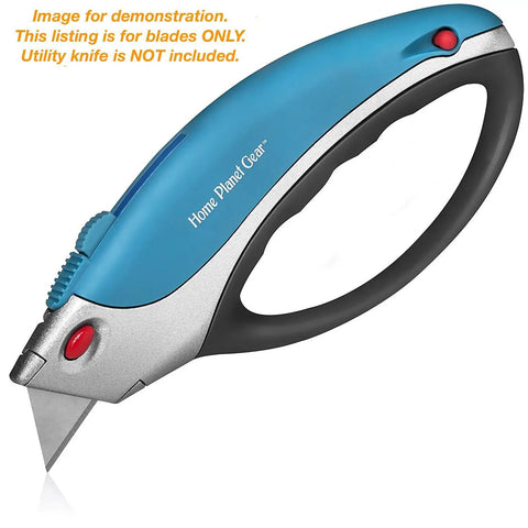 Image of blue utility knife, not included, showing where Ten Pack Utility Knife Blades Refills For Box Cutters fit.