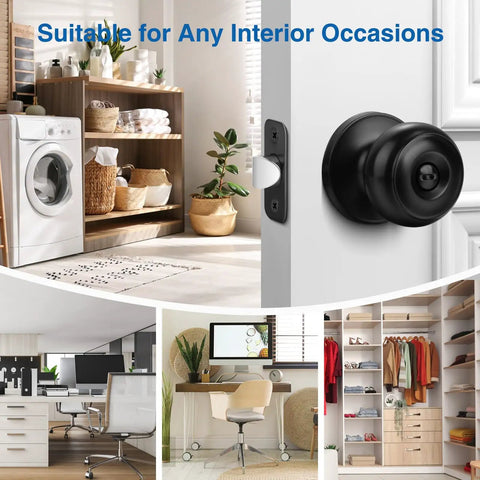 Matte Black Privacy Door Knobs 10 Pack Round Keyless Lockset for interior use, shown in modern home settings for versatility.