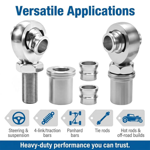 Seven Eighth Inch Fourteen Thread Heim Joint Rod Ends Pair Heavy Duty Steel Ball Bearings Steering Suspension Alignment Kit For Trucks And Cars With Spacers And Locking Nuts Built Tough For No Slack Setup with shiny rod ends.