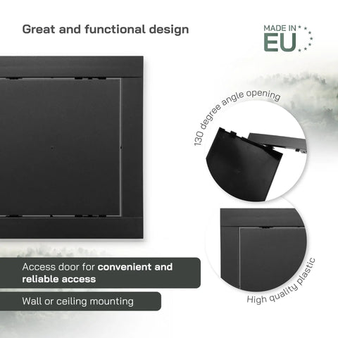 Solid Heavy Duty 6X6 Inch Anthracite Abs Plastic Drywall Access Panel showing 130 degree angle opening, designed for wall or ceiling mounting.