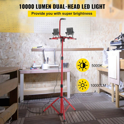 Daylight Bright Dual Head LED Work Light With Adjustable Foldable Tripod Stand 5000 Lumen 5000K Color Temperature IP65