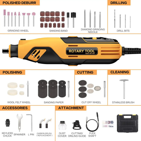 Powerful Rotary Tool Kit With 6 Variable Speeds From 10000 To 35000 RPM Large LED Display Flex Shaft Carrying Case accessories