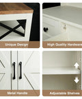White Farmhouse Storage Cabinet With Barn Doors And Shelves details: wood top, adjustable shelves, metal handles, high-quality hardware.