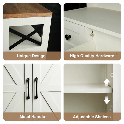 White Farmhouse Storage Cabinet With Barn Doors And Shelves details: wood top, adjustable shelves, metal handles, high-quality hardware.
