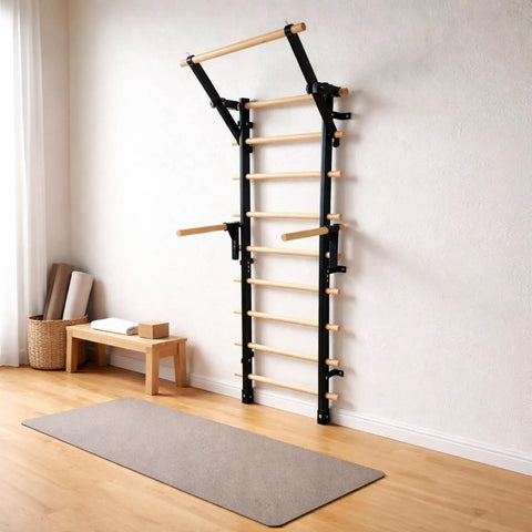 Home Gym Pull Up Ladder Stall Bar with stable wall mount frame and wood rungs for climbing and mobility training in a fitness station.