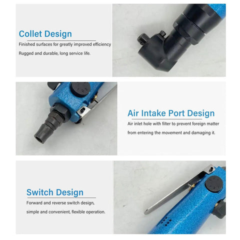 Heavy Duty Right Angle Air Grinder With Self Locking Collet 9000 RPM Alloy Steel Pneumatic Powerhouse showing collet, air intake, and switch designs.