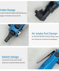 Pro Grade 9000Rpm Right Angle Pneumatic Air Grinder With Badass Grip And No Nonsense Alloy Steel Body close-up of collet and air intake design