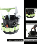 Wheelie Utility Cart With Tool Toter Handle And Bucket Holder And Comfort Cushion Premium Rolling Tool Organizer For Yard Work And Garden Made In USA Model EX590 showing a tool bucket with spacious pockets and carry handle.