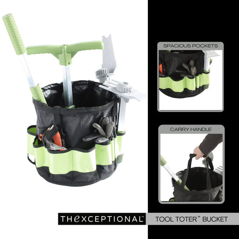 Wheelie Utility Cart With Tool Toter Handle And Bucket Holder And Comfort Cushion Premium Rolling Tool Organizer For Yard Work And Garden Made In USA Model EX590 showing a tool bucket with spacious pockets and carry handle.