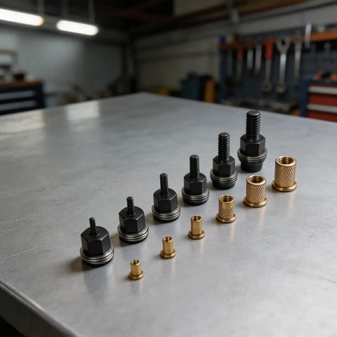 Heavy Duty Carbon Steel Replacement Rivet Nut Mandrels, Six Piece Set For M3 To M10 Manual Hand Riveter Tools arranged on metal surface.