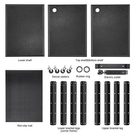 Components of Three Tier Steel AV Cart On Wheels With Adjustable Height From 24 To 42 Inches including shelves, casters, and mats.
