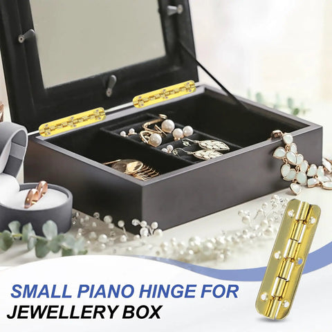 Badass Tough 90 Degree Small Piano Hinges For Jewelry Boxes And Woodworking Crafts Gold Tone Steel Build With Mounting Screws Smooth Pivot Pack Of 4 shown on jewellery box.