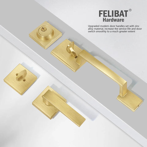 Brass Satin Front Door Lock Set With Single Cylinder Deadbolt And Door Lever, Reversible Square Handle, Modern Look