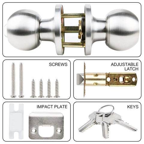 Stainless Steel Door Knob With Lock And Key For Bedroom Doors Ball Style Doorknob With Satin Nickel Finish All Metal Construction Includes Three Keys