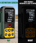 Pro Grade Laser Distance Meter With 197 Ft Range And LCD Backlit Display, One Sixteenth Inch Precision, DIY Friendly, Multi Unit Modes In Feet Inches Meters, 20 Data Storage, Pythagorean Distance Area And Volume. Day and night LCD display