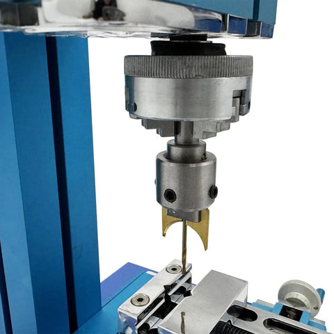 Slick Mini Milling Machine With 20000 RPM Motor, Heavy Duty 3 Axis Benchtop Drill Press For Metal And Wood Projects, 60 Watt Precision Tool showing a close-up of the dual jaw chuck.