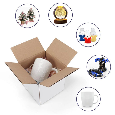 6x6x6 Shipping Boxes For Small Biz, open box with interior view containing a mug, surrounded by product use examples.