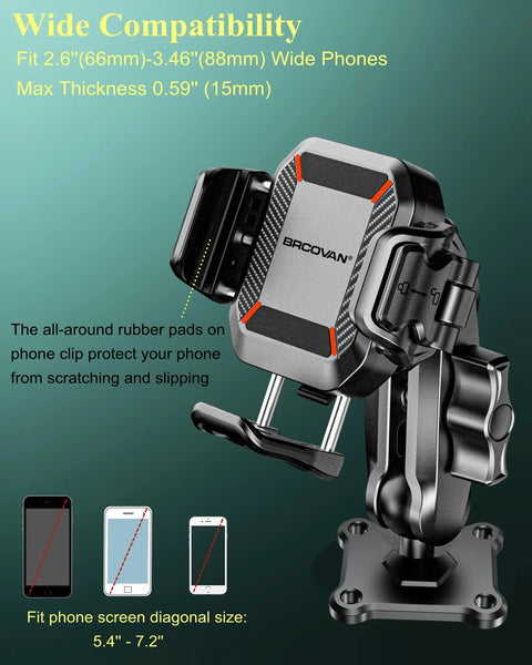 Anti-Theft Phone Mount With Vibration Dampener and Aluminum Arm, Square Base, Fits 5.4 to 7.2 Inch Phones, Front View