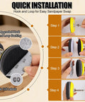 Quick installation guide for 174 Piece 3 Inch Sanding Discs Kit With Polishing Accessories showing steps with hook and loop backing.