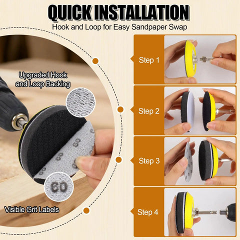 Quick installation guide for 174 Piece 3 Inch Sanding Discs Kit With Polishing Accessories showing steps with hook and loop backing.