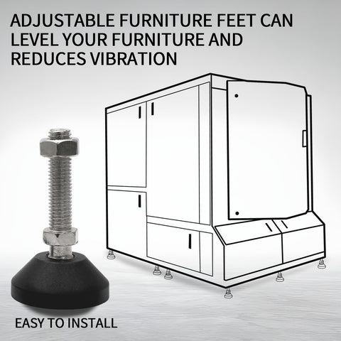 Rock Solid 4 Pack M10 Adjustable Furniture Levelers Featuring Tough Nylon Base And Included T Nuts To Kill The Wobble On Workbenches Tables Cabinets And Chairs Rust Proof Swivel Legs For Steady Floors Every Day, close-up of a furniture leveler with hex nut and installation use.
