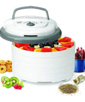 Expandable Food Dehydrator Machine For Making Beef Jerky And Dried Fruit Snacks With Six Trays And Converga Flow Airflow Tech Hits Different For Weekend Batch Cooking In Gray with various fruits and snacks.
