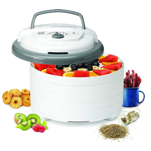 Expandable Food Dehydrator Machine For Making Beef Jerky And Dried Fruit Snacks With Six Trays And Converga Flow Airflow Tech Hits Different For Weekend Batch Cooking In Gray with various fruits and snacks.