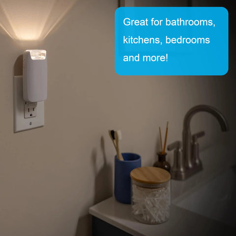 4-In-1 Power Outage Plug In Night Light And LED Flashlight in white, plugged into bathroom outlet, showing dawn sensor feature