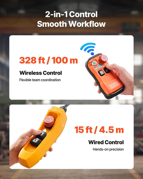 Wireless and wired remotes for Electric Chain Hoist 1100 Lbs With 20 Ft Lift Height 120V 60Hz Single Phase Overhead Crane.