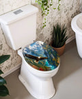 Round Majestic Bald Eagle Soaring Scenic Mountain Valley Toilet Seat on a toilet, showcasing vibrant mountain scenery.