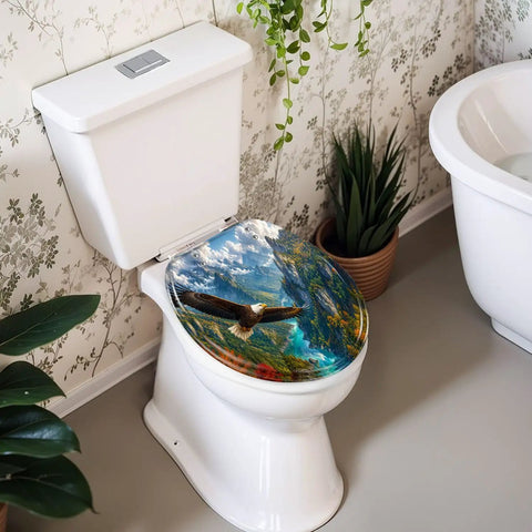 Round Majestic Bald Eagle Soaring Scenic Mountain Valley Toilet Seat on a toilet, showcasing vibrant mountain scenery.