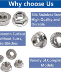 Badass Heavy Duty 304 Stainless Steel M10 X 1.25mm Hex Serrated Flange Nuts showing smooth and durable surfaces in multiple angles.