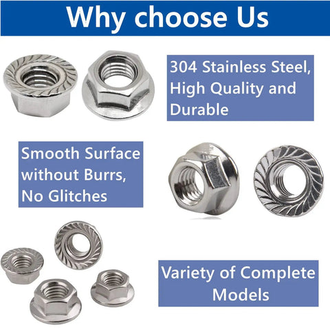 Badass Heavy Duty 304 Stainless Steel M10 X 1.25mm Hex Serrated Flange Nuts showing smooth and durable surfaces in multiple angles.