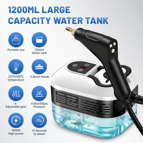Powerful 1500W High Pressure Steam Cleaner with 6 Adjustable Levels, 15 Second Heat Up, 1.2L Tank, digital display shown.