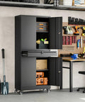 Heavy Duty Metal Garage Storage Cabinet With Locking Doors And Adjustable Shelves 73 Inch Rolling Tool Cabinet With Four Wheels And One Drawer For Garage And Warehouse Black shown open with tools inside.