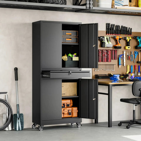 Heavy Duty Metal Garage Storage Cabinet With Locking Doors And Adjustable Shelves 73 Inch Rolling Tool Cabinet With Four Wheels And One Drawer For Garage And Warehouse Black shown open with tools inside.