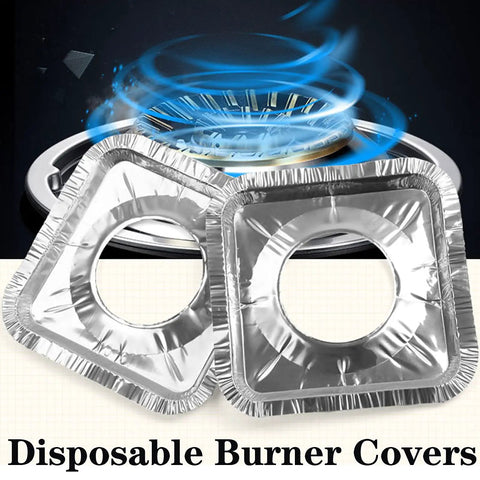 Thick 8.5 Inch Gas Burner Liners 50 Pack Disposable Aluminum Foil Stove Burner Covers showing two square liners