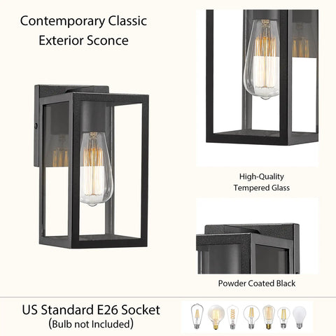 Exterior Wall Lantern Outdoor Sconce For Porch And Patio Lighting, Weather Resistant Black Finish with Tempered Glass
