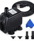 880GPH Submersible Fountain Pump With Six Point Five Foot Power Cord Ultra Quiet 60W Outdoor Water Pump For Aquarium Pond Fish Tank And Hydroponics Includes Three Nozzles For Backyard Fountains, shown with three nozzles and blue cleaning cloth